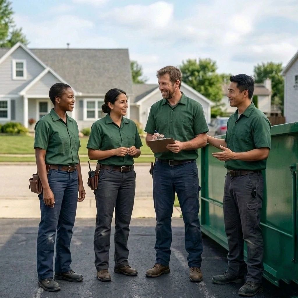 dumpster rental team placing container Tyler TX driveway