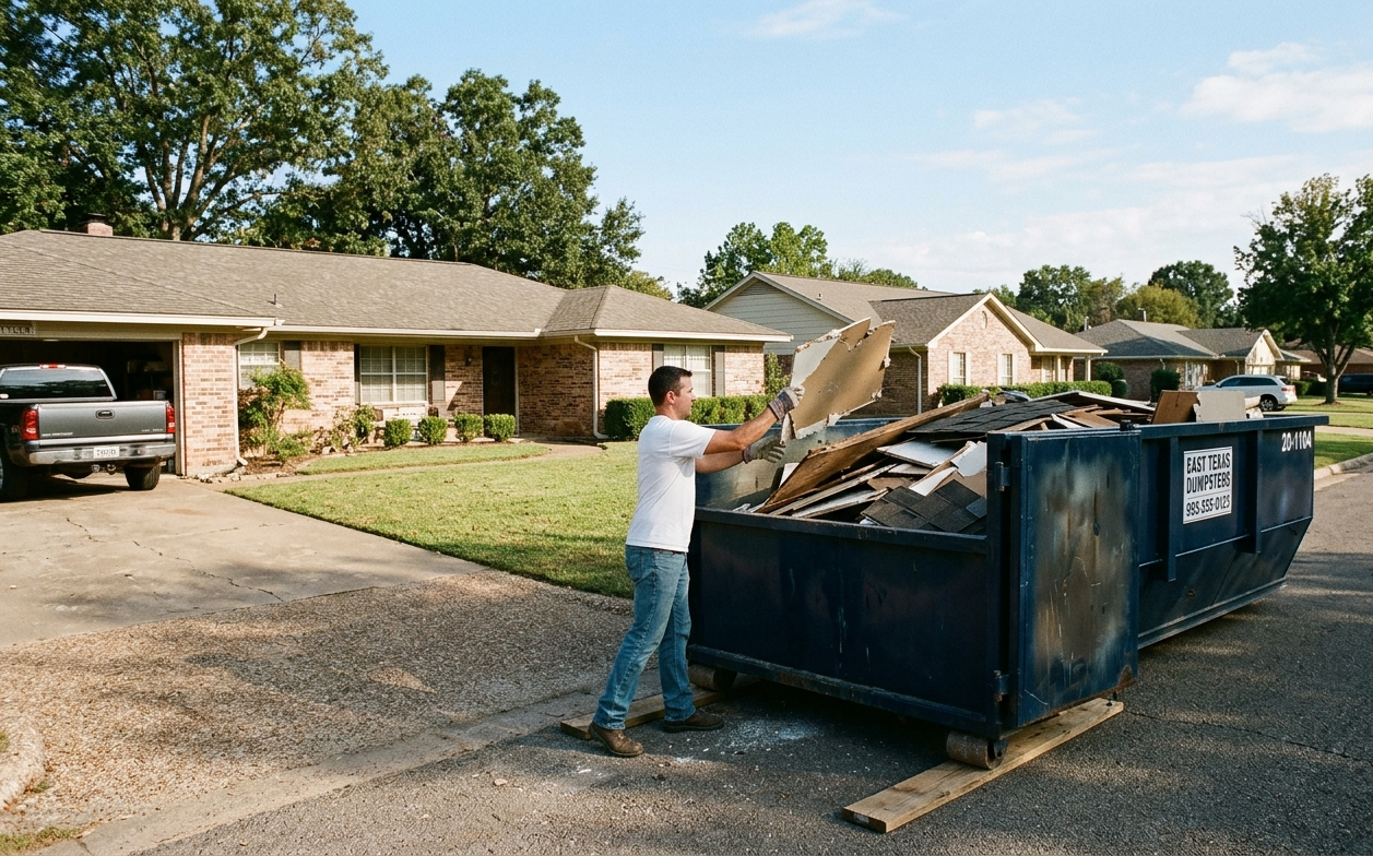 Residential dumpster rental in Tyler TX driveway for home cleanout project